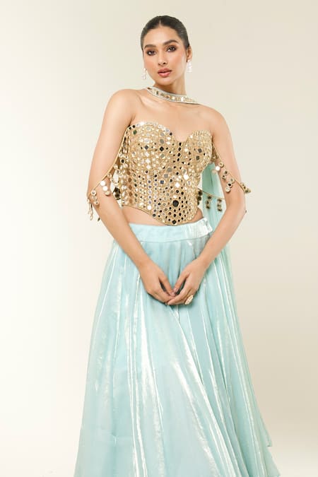 Libas Cafe by Nidhi & Ashish_Gold Organza Mirrors, Embroidery Sweetheart Neck Corset And Shimmer Lehenga Set _Online_at_Aza_Fashions