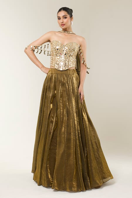 Libas Cafe by Nidhi & Ashish Gold Organza Mirrors, Embroidery Sweetheart Neck Hand Corset Lehenga Set 