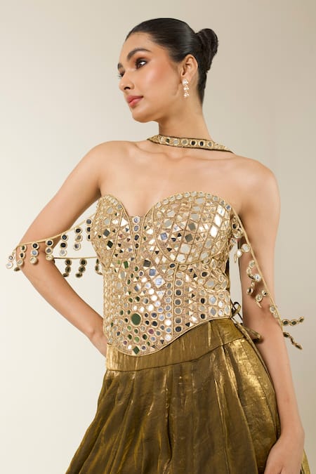 Libas Cafe by Nidhi & Ashish_Gold Organza Mirrors, Embroidery Sweetheart Neck Hand Corset Lehenga Set _Online_at_Aza_Fashions