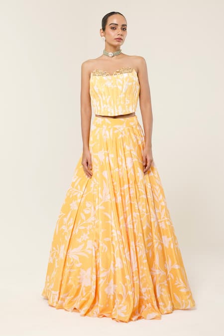 Libas Cafe by Nidhi & Ashish Yellow Crepe Embroidery, Beads, Sequins Embellished Corset And Printed Lehenga Set 