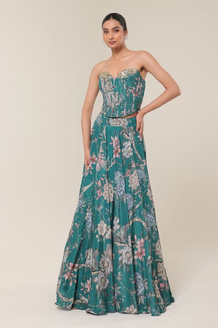 Libas Cafe by Nidhi & Ashish Floral Printed Embellished Corset & Lehenga Set 