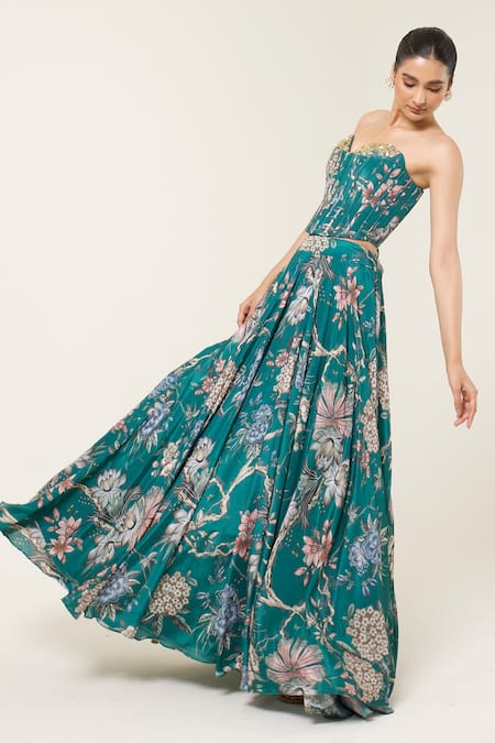 Buy_Libas Cafe by Nidhi & Ashish_Green Crepe Embroidery, Beads Floral Printed Embellished Corset And Lehenga Set _Online_at_Aza_Fashions