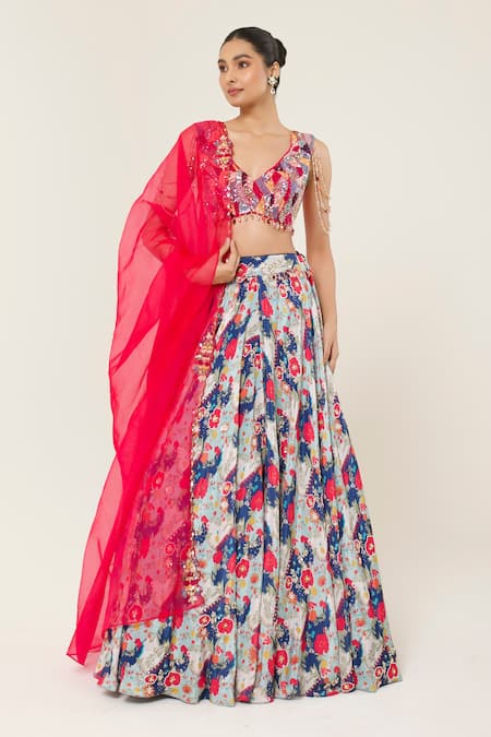 Libas Cafe by Nidhi & Ashish Pink Net, Crepe, Organza Hand Embroidered Blouse And Floral Printed Lehenga Set 