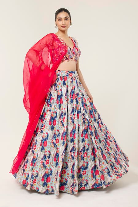 Shop Libas Cafe by Nidhi & Ashish Pink Net, Crepe, Organza Hand Embroidered Blouse And Floral Printed Lehenga Set at Aza Fashions Shop_Libas Cafe by Nidhi & Ashish_Pink Net, Crepe, Organza Hand Embroidered Blouse And Floral Printed Lehenga Set _at_Aza_Fashions