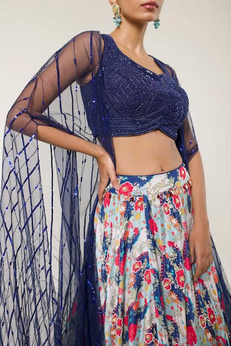 Libas Cafe by Nidhi & Ashish_Multi Color Crepe, Net Beads, Hand Embroidered Blouse And Printed Lehenga Set _Online_at_Aza_Fashions