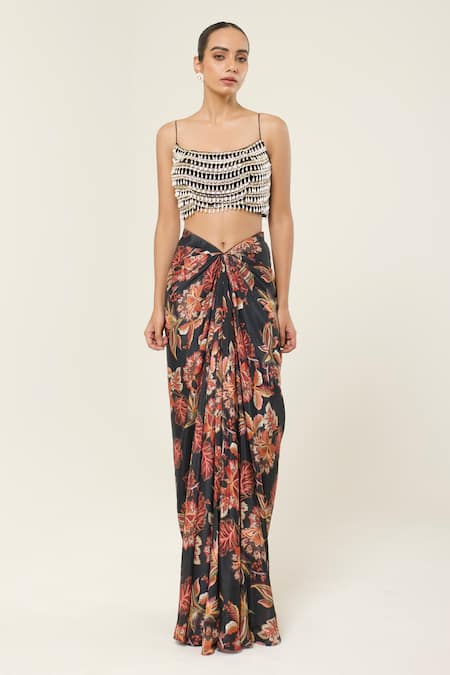 Shop_Libas Cafe by Nidhi & Ashish_Black Net, Crepe Pearls, Beads Hand Embroidered Blouse And Printed Dhoti Skirt Set _at_Aza_Fashions