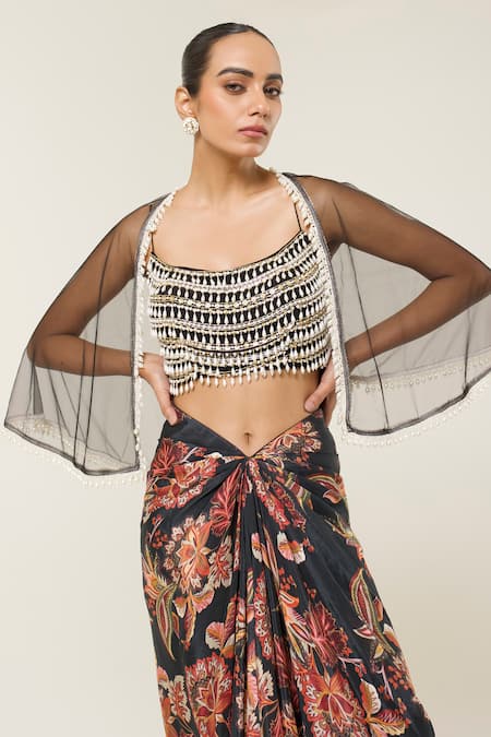 Libas Cafe by Nidhi & Ashish_Black Net, Crepe Pearls, Beads Hand Embroidered Blouse And Printed Dhoti Skirt Set _Online_at_Aza_Fashions