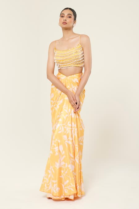 Libas Cafe by Nidhi & Ashish Yellow Net, Crepe Pearls, Hand Embroidered Blouse And Printed Dhoti Skirt Set 