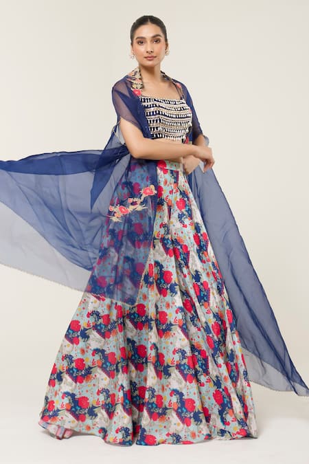 Shop Libas Cafe by Nidhi & Ashish Navy Organza, Crepe Beads, Embroidery Bandeau Blouse And Printed Sharara Cape Set at Aza Fashions Shop_Libas Cafe by Nidhi & Ashish_Navy Organza, Crepe Beads, Embroidery Bandeau Blouse And Printed Sharara Cape Set _at_Aza_Fashions