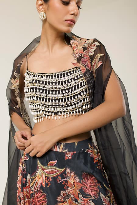 Libas Cafe by Nidhi & Ashish Black Organza, Crepe Beads Square Neck, Embroidered Blouse And Printed Sharara Set Online at Aza Fashions Libas Cafe by Nidhi & Ashish_Black Organza, Crepe Beads Square Neck, Embroidered Blouse And Printed Sharara Set _Online_at_Aza_Fashions