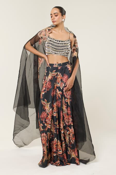 Shop Libas Cafe by Nidhi & Ashish Black Organza, Crepe Beads Square Neck, Embroidered Blouse And Printed Sharara Set at Aza Fashions Shop_Libas Cafe by Nidhi & Ashish_Black Organza, Crepe Beads Square Neck, Embroidered Blouse And Printed Sharara Set _at_Aza_Fashions