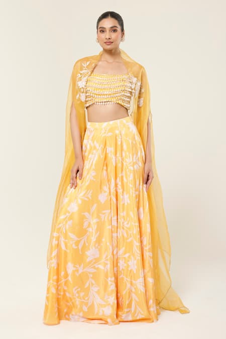 Shop Libas Cafe by Nidhi & Ashish Yellow Organza, Crepe Beads, Embroidered Blouse And Printed Sharara Cape Set at Aza Fashions Shop_Libas Cafe by Nidhi & Ashish_Yellow Organza, Crepe Beads, Embroidered Blouse And Printed Sharara Cape Set _at_Aza_Fashions