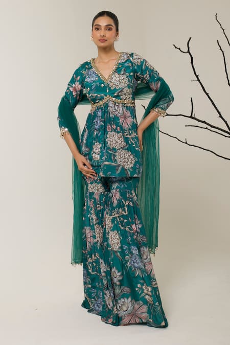 Libas Cafe by Nidhi & Ashish Floral Printed Peplum Gharara & Dupatta Set 