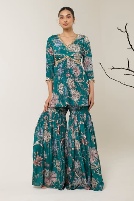 Shop Libas Cafe by Nidhi & Ashish Green Crepe, Net Sequins, Crystals, Floral Printed Peplum Gharara And Dupatta Set at Aza Fashions Shop_Libas Cafe by Nidhi & Ashish_Green Crepe, Net Sequins, Crystals, Floral Printed Peplum Gharara And Dupatta Set _at_Aza_Fashions
