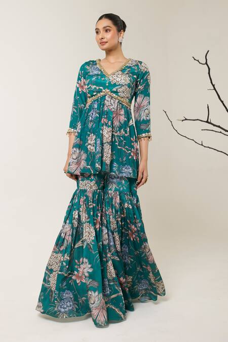Libas Cafe by Nidhi & Ashish Green Crepe, Net Sequins, Crystals, Floral Printed Peplum Gharara And Dupatta Set Online at Aza Fashions Libas Cafe by Nidhi & Ashish_Green Crepe, Net Sequins, Crystals, Floral Printed Peplum Gharara And Dupatta Set _Online_at_Aza_Fashions