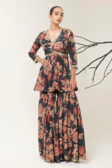 Shop Libas Cafe by Nidhi & Ashish Multi Color Crepe, Net Sequins, Floral Printed Peplum Kurta Gharara Set at Aza Fashions Shop_Libas Cafe by Nidhi & Ashish_Multi Color Crepe, Net Sequins, Floral Printed Peplum Kurta Gharara Set _at_Aza_Fashions