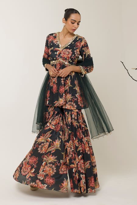 Libas Cafe by Nidhi & Ashish Multi Color Crepe, Net Sequins, Floral Printed Peplum Kurta Gharara Set 