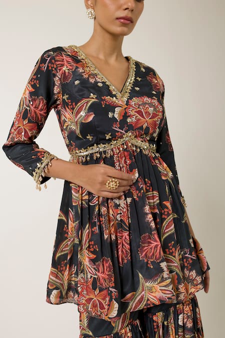 Libas Cafe by Nidhi & Ashish Multi Color Crepe, Net Sequins, Floral Printed Peplum Kurta Gharara Set Online at Aza Fashions Libas Cafe by Nidhi & Ashish_Multi Color Crepe, Net Sequins, Floral Printed Peplum Kurta Gharara Set _Online_at_Aza_Fashions