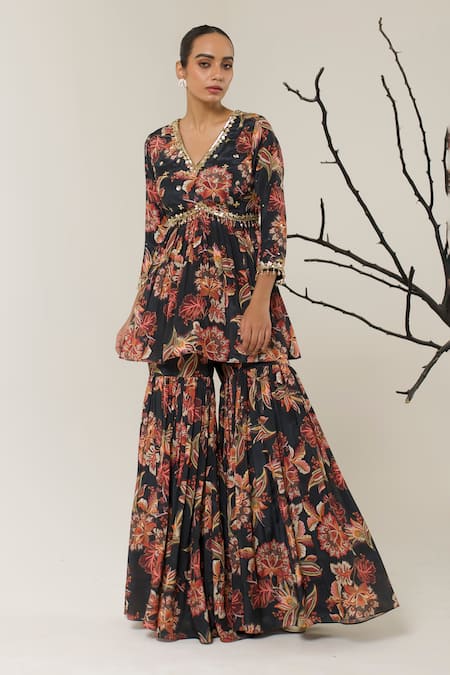 Buy Libas Cafe by Nidhi & Ashish Multi Color Crepe, Net Sequins, Floral Printed Peplum Kurta Gharara Set Online at Aza Fashions Buy_Libas Cafe by Nidhi & Ashish_Multi Color Crepe, Net Sequins, Floral Printed Peplum Kurta Gharara Set _Online_at_Aza_Fashions