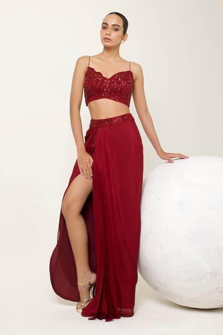 Libas Cafe by Nidhi & Ashish_Maroon Crepe Sequins, Embroidery Sweetheart Neck, Open Blouse And Dhoti Skirt Set _Online_at_Aza_Fashions