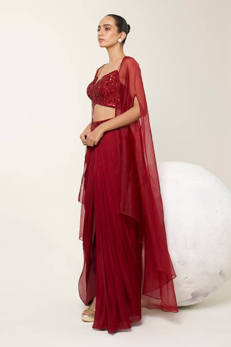 Buy_Libas Cafe by Nidhi & Ashish_Maroon Crepe Sequins, Embroidery Sweetheart Neck, Open Blouse And Dhoti Skirt Set _Online_at_Aza_Fashions