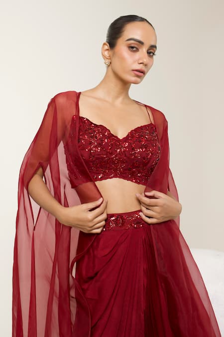 Shop_Libas Cafe by Nidhi & Ashish_Maroon Crepe Sequins, Embroidery Sweetheart Neck, Open Blouse And Dhoti Skirt Set _Online_at_Aza_Fashions