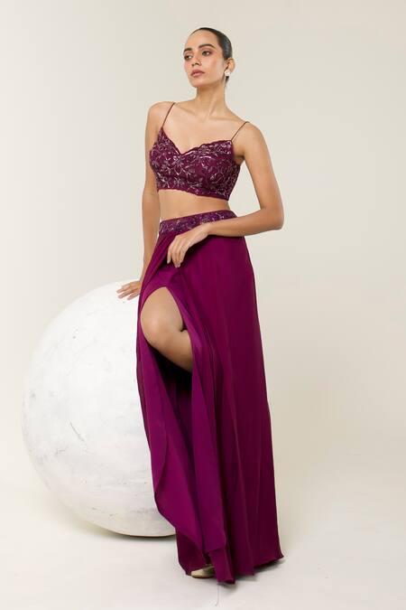 Libas Cafe by Nidhi & Ashish Purple Crepe Embroidery, Sequins Open Neck, Blouse And Dhoti Skirt With Sheer Cape Online at Aza Fashions Libas Cafe by Nidhi & Ashish_Purple Crepe Embroidery, Sequins Open Neck, Blouse And Dhoti Skirt With Sheer Cape _Online_at_Aza_Fashions