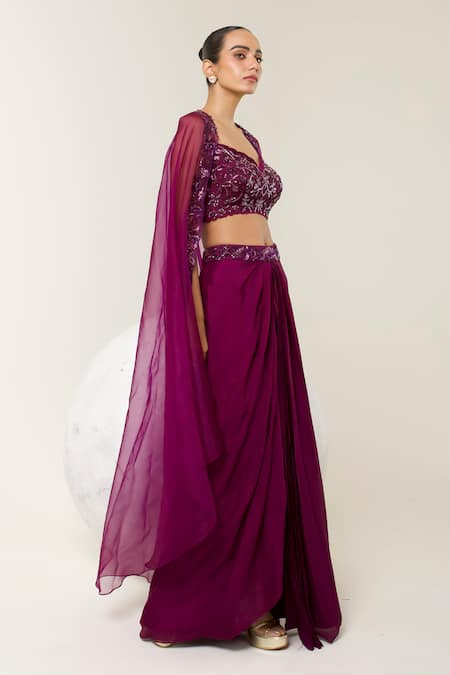Buy Libas Cafe by Nidhi & Ashish Purple Crepe Embroidery, Sequins Open Neck, Blouse And Dhoti Skirt With Sheer Cape Online at Aza Fashions Buy_Libas Cafe by Nidhi & Ashish_Purple Crepe Embroidery, Sequins Open Neck, Blouse And Dhoti Skirt With Sheer Cape _Online_at_Aza_Fashions