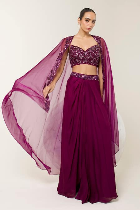 Shop Libas Cafe by Nidhi & Ashish Purple Crepe Embroidery, Sequins Open Neck, Blouse And Dhoti Skirt With Sheer Cape at Aza Fashions Shop_Libas Cafe by Nidhi & Ashish_Purple Crepe Embroidery, Sequins Open Neck, Blouse And Dhoti Skirt With Sheer Cape _at_Aza_Fashions