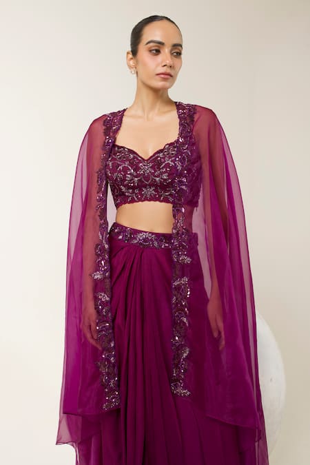 Shop Libas Cafe by Nidhi & Ashish Purple Crepe Embroidery, Sequins Open Neck, Blouse And Dhoti Skirt With Sheer Cape Online at Aza Fashions Shop_Libas Cafe by Nidhi & Ashish_Purple Crepe Embroidery, Sequins Open Neck, Blouse And Dhoti Skirt With Sheer Cape _Online_at_Aza_Fashions
