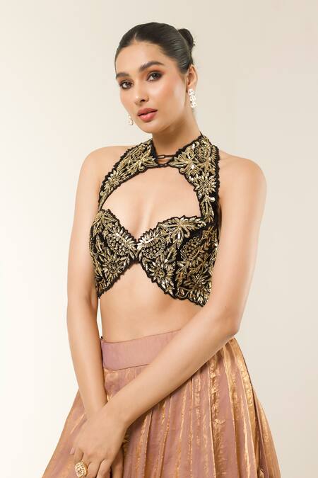 Libas Cafe by Nidhi & Ashish_Black Velvet, Organza Embroidery, Zari, Hand-embroidered Blouse Lehenga Set _Online_at_Aza_Fashions