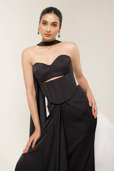 Buy Libas Cafe by Nidhi & Ashish Black Satin Sweetheart Neck Structured Corset And Skirt Set Online at Aza Fashions Buy_Libas Cafe by Nidhi & Ashish_Black Satin Sweetheart Neck Structured Corset And Skirt Set _Online_at_Aza_Fashions