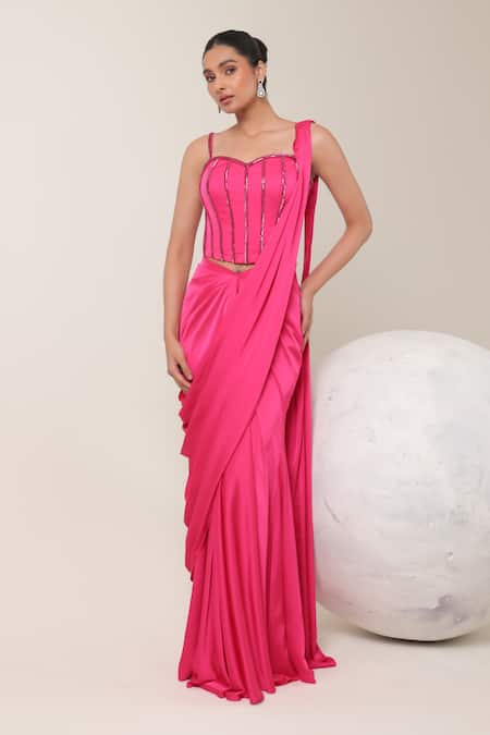 Libas Cafe by Nidhi & Ashish Pink Satin Sequins Sweetheart Neck Pre-draped Saree And Corset Set 
