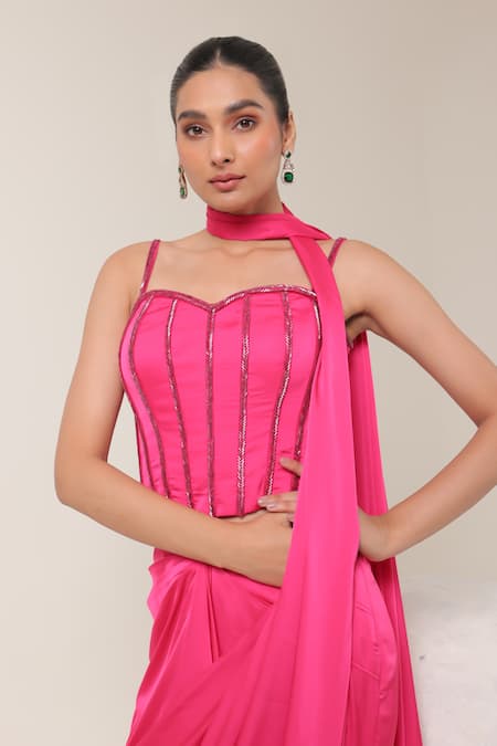 Buy_Libas Cafe by Nidhi & Ashish_Pink Satin Sequins Sweetheart Neck Pre-draped Saree And Corset Set _Online_at_Aza_Fashions