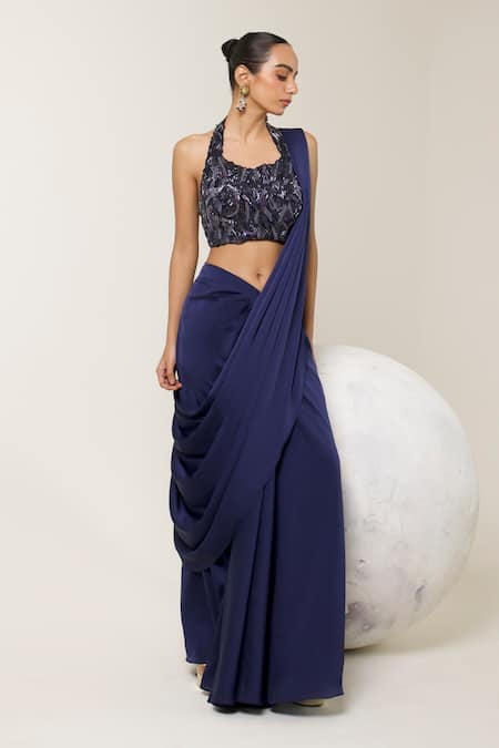 Libas Cafe by Nidhi & Ashish_Navy Satin Sequins, Embroidery Halter Neck Hand Corset And Pre-draped Saree Set _Online_at_Aza_Fashions