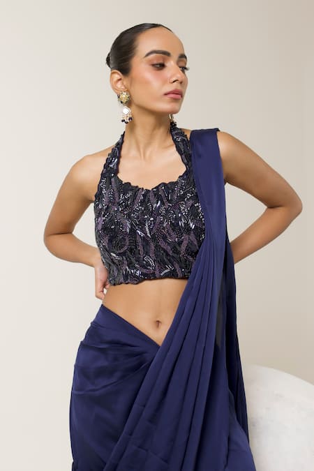Buy_Libas Cafe by Nidhi & Ashish_Navy Satin Sequins, Embroidery Halter Neck Hand Corset And Pre-draped Saree Set _Online_at_Aza_Fashions