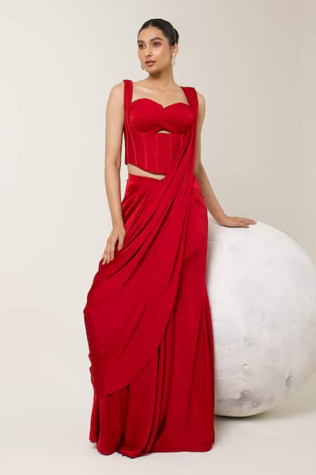 Libas Cafe by Nidhi & Ashish_Red Satin Sweetheart Neck Pre-draped Saree With Structured Corset Blouse _Online_at_Aza_Fashions