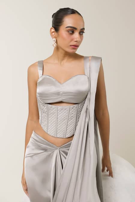 Libas Cafe by Nidhi & Ashish_Gray Satin Sweetheart Neck Solid Pre-draped Saree With Corset _Online_at_Aza_Fashions
