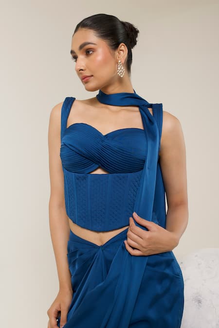 Buy Libas Cafe by Nidhi & Ashish Teal Satin Sweetheart Neck Armani Pre-draped Saree And Cutout Corset Online at Aza Fashions Buy_Libas Cafe by Nidhi & Ashish_Teal Satin Sweetheart Neck Armani Pre-draped Saree And Cutout Corset _Online_at_Aza_Fashions