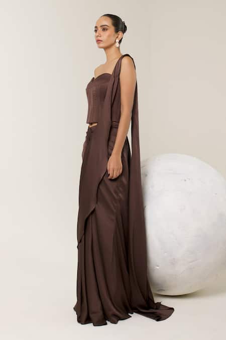 Libas Cafe by Nidhi & Ashish Chocolate Satin Sweetheart Neck Solid Pre-draped Saree And Corset Set Online at Aza Fashions Libas Cafe by Nidhi & Ashish_Chocolate Satin Sweetheart Neck Solid Pre-draped Saree And Corset Set _Online_at_Aza_Fashions