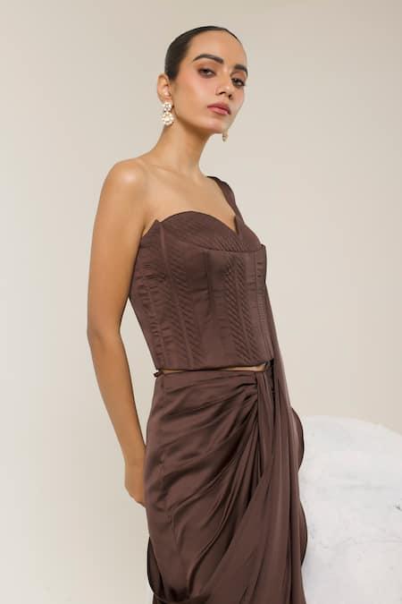 Buy Libas Cafe by Nidhi & Ashish Chocolate Satin Sweetheart Neck Solid Pre-draped Saree And Corset Set Online at Aza Fashions Buy_Libas Cafe by Nidhi & Ashish_Chocolate Satin Sweetheart Neck Solid Pre-draped Saree And Corset Set _Online_at_Aza_Fashions