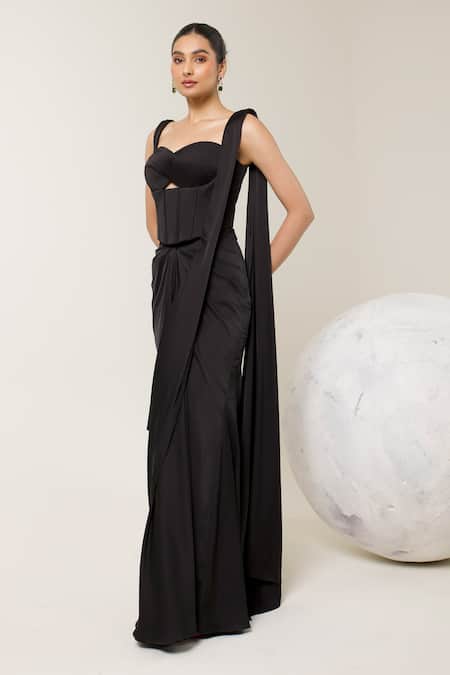 Libas Cafe by Nidhi & Ashish_Black Satin Sweetheart Neck Sculpted Cutout Corset And Pre-draped Saree Set _Online_at_Aza_Fashions