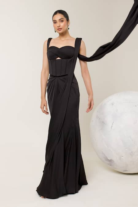 Libas Cafe by Nidhi & Ashish Sculpted Cutout Corset & Pre-Draped Saree Set 