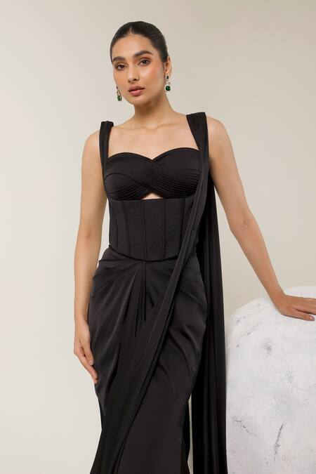 Buy_Libas Cafe by Nidhi & Ashish_Black Satin Sweetheart Neck Sculpted Cutout Corset And Pre-draped Saree Set _Online_at_Aza_Fashions