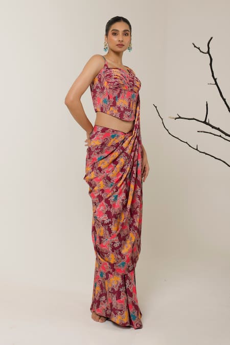 Libas Cafe by Nidhi & Ashish_Maroon Crepe Sweetheart Neck Floral Printed Pre-draped Saree And Corset Set _Online_at_Aza_Fashions