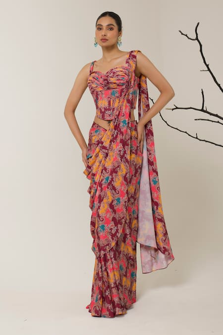Libas Cafe by Nidhi & Ashish Floral Printed Pre-Draped Saree & Corset Set 