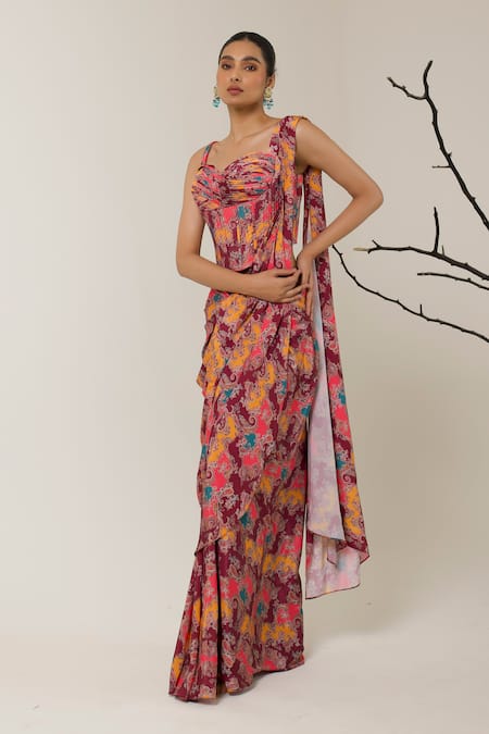 Libas Cafe by Nidhi & Ashish Floral Printed Pre-Draped Saree & Corset Set 