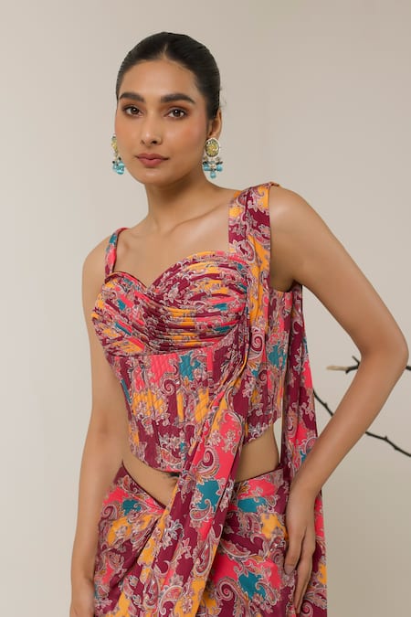 Buy_Libas Cafe by Nidhi & Ashish_Maroon Crepe Sweetheart Neck Floral Printed Pre-draped Saree And Corset Set _Online_at_Aza_Fashions