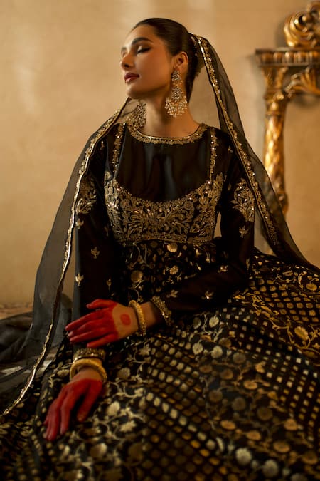 Libas Cafe by Nidhi & Ashish Black Silk, Organza Embroidery, Sequins, Zari Banarasi Anarkali And Dupatta Set Online at Aza Fashions Libas Cafe by Nidhi & Ashish_Black Silk, Organza Embroidery, Sequins, Zari Banarasi Anarkali And Dupatta Set _Online_at_Aza_Fashions