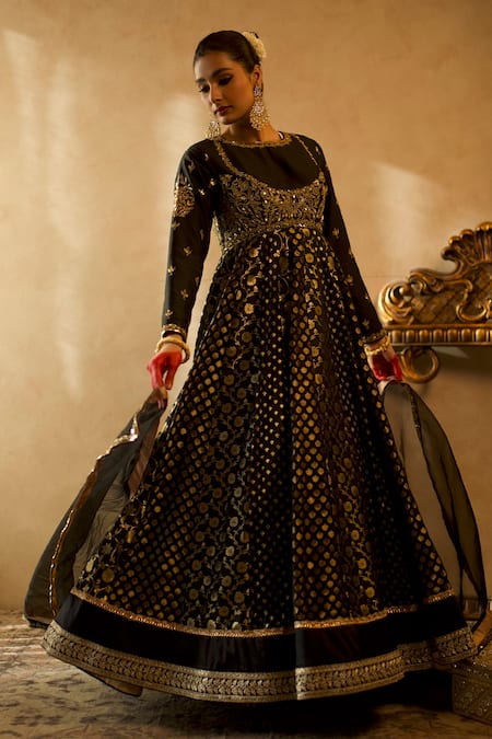 Shop Libas Cafe by Nidhi & Ashish Black Silk, Organza Embroidery, Sequins, Zari Banarasi Anarkali And Dupatta Set at Aza Fashions Shop_Libas Cafe by Nidhi & Ashish_Black Silk, Organza Embroidery, Sequins, Zari Banarasi Anarkali And Dupatta Set _at_Aza_Fashions